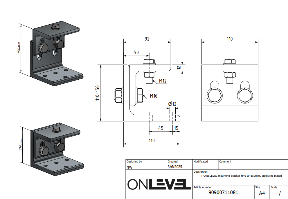Mounting console H=110-150mm, steel zinc plated