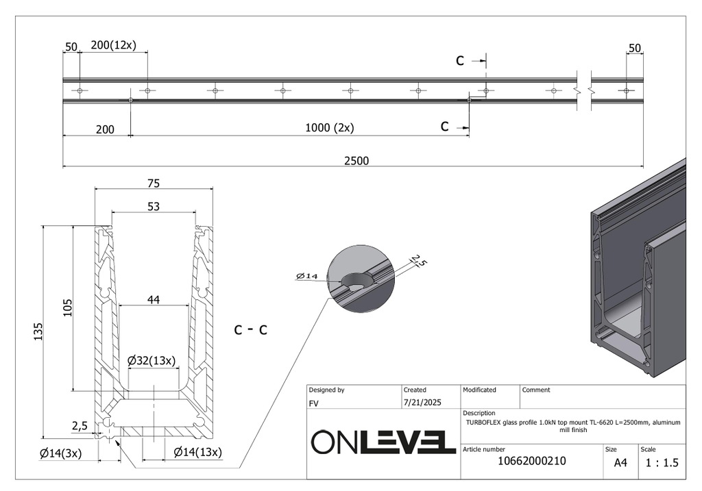 TF-6620 glass profile L=2500mm, aluminum mill finish