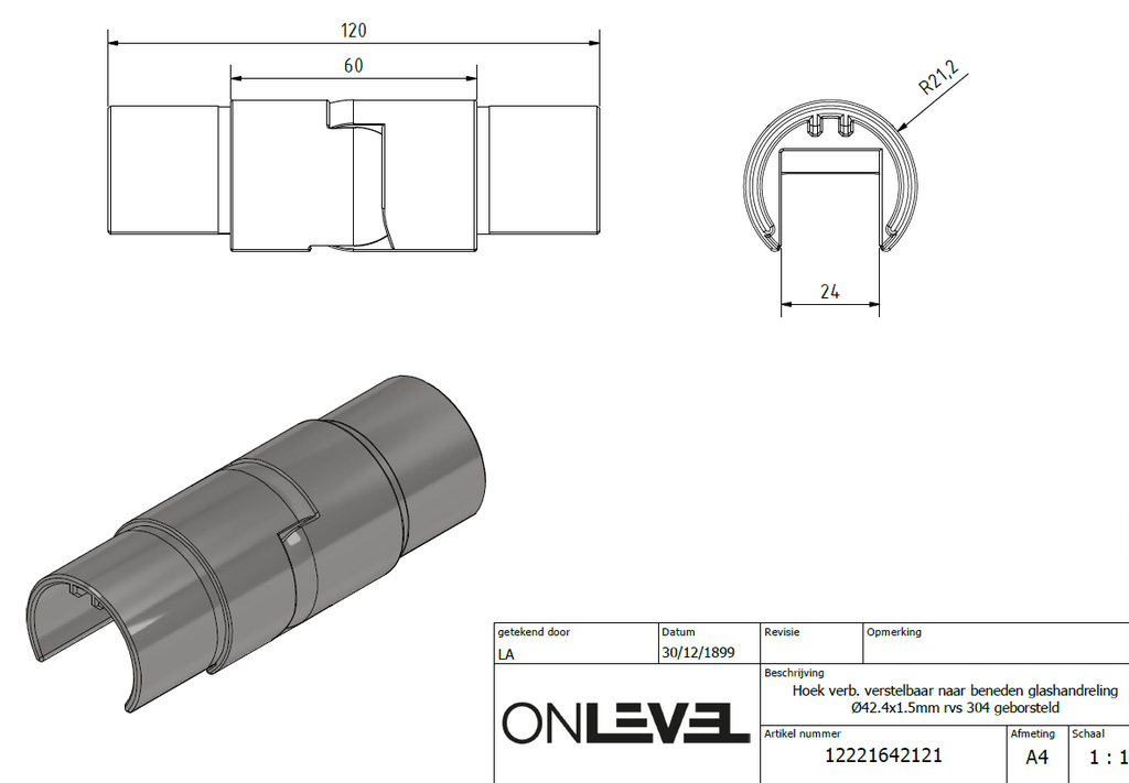 Hoek verbinder verstelbaar naar beneden voor glashandreling Ø42.4x1.5mm, rvs 304 geborsteld
