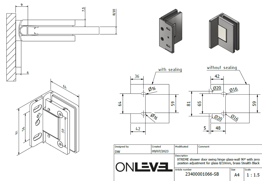 XTREME douchedeur zwenkscharnier, glas-wand 90° met nul positie instelling voor glas 8/10mm, messing verchroomd