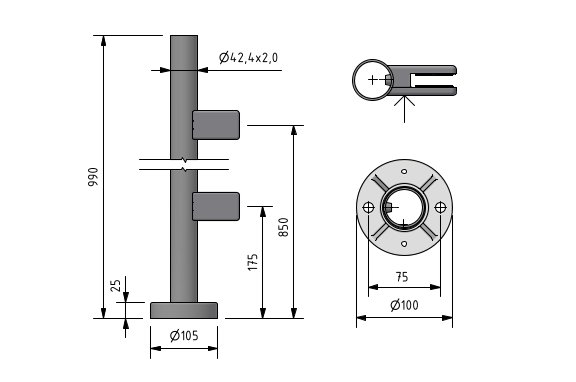 EMPIRE STATE POST Top Ø42.4x2mm H=990mm eindstaander links KRONOS vierkant, rvs 304 geborsteld