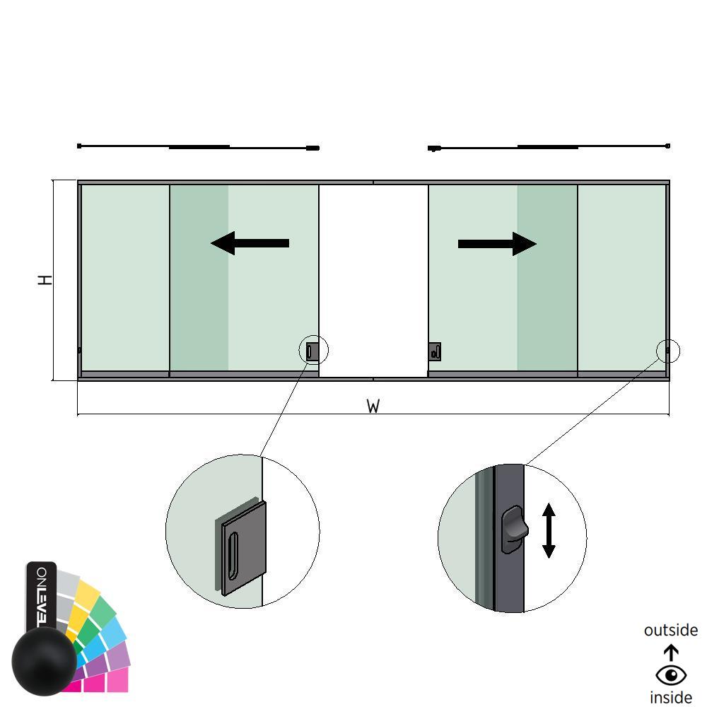 SunView model 3 left/right opening 2-lanes half height L=xxxxmm (max. 6000mm) H=xxxxmm (max. 1700mm), aluminum RAL matt (incl. locks, stainless steel doorhandle and drivers excl. glass)
