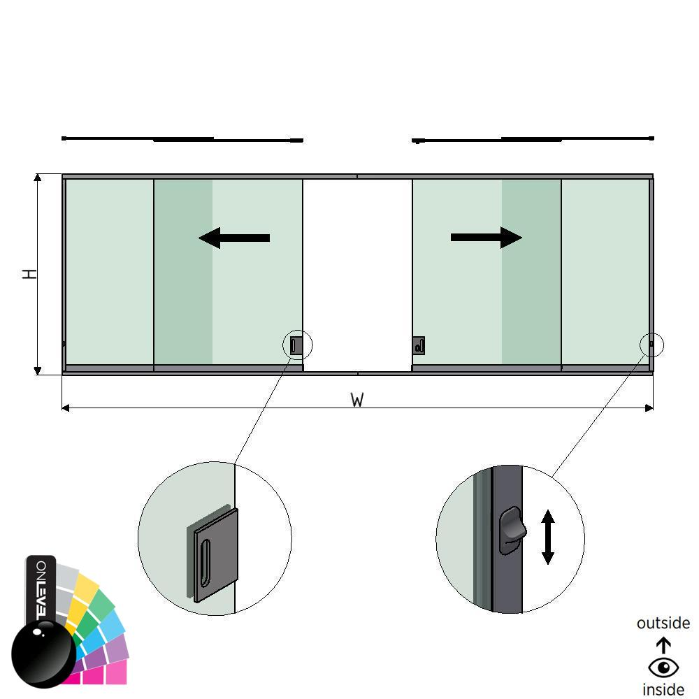 SunView modell 3 venstre/høyre åpning 4-felts halv høyde L=xxxxmm (max. 12000mm) H=xxxxmm (max. 1700mm), aluminium RAL skinnende (inkl. låser,  rustfritt stål dørhåndtak og drivere unntatt glass)
