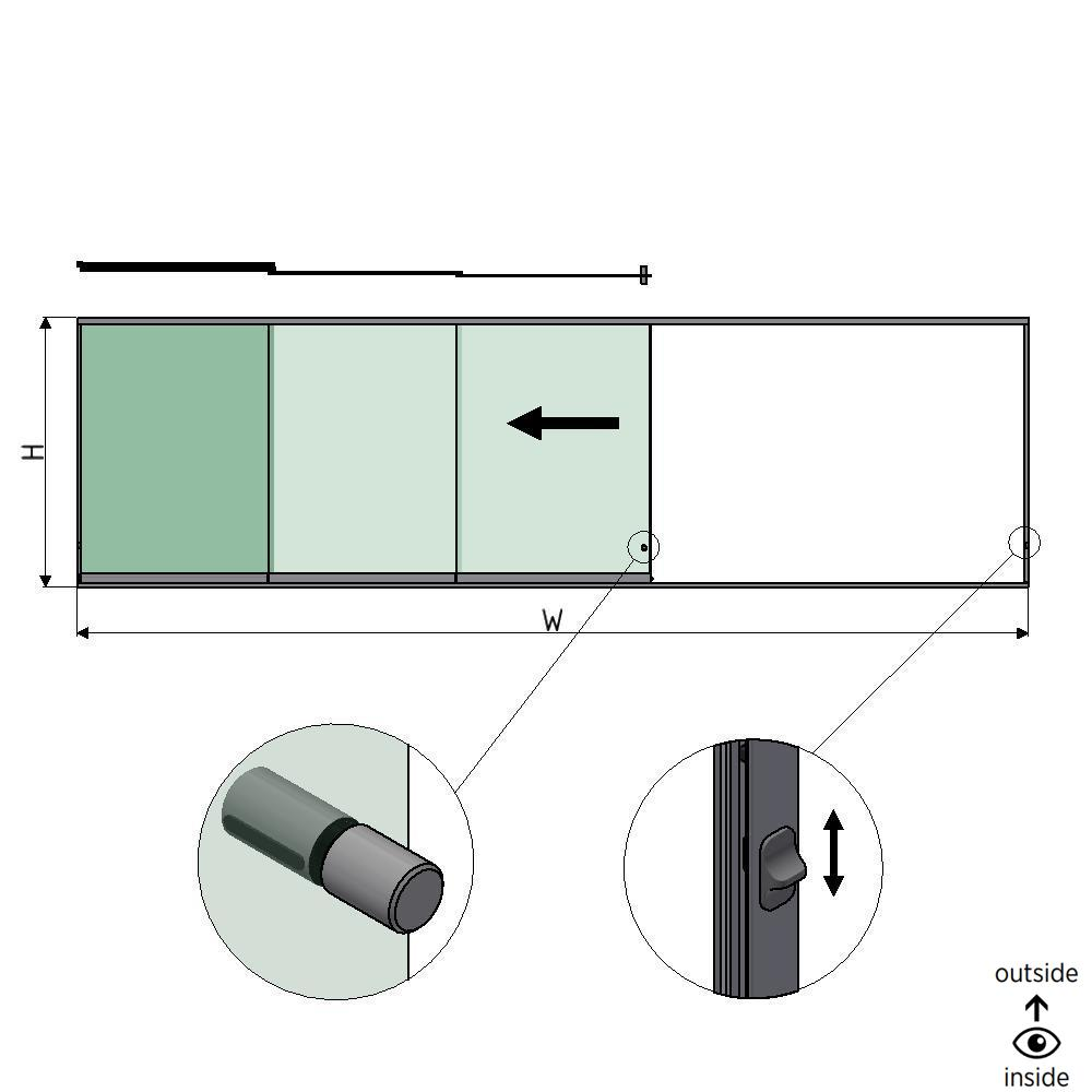 SunView model 3 left opening 5-lanes half height L=xxxxmm (max. 7500mm) H=xxxxmm (max. 1700mm), aluminum natural anodized (incl. locks, stainless steel doorhandle and drivers excl. glass)
