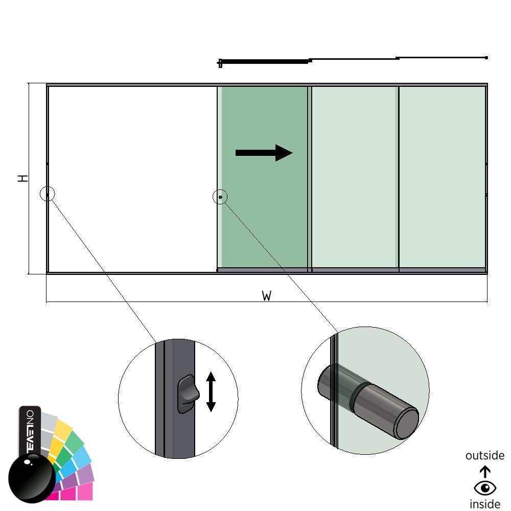 SunView model 3 right opening 5-lanes full height L=xxxxmm (max. 7500mm) H=xxxxmm (max. 2600mm), aluminum RAL shiny (incl. locks, stainless steel doorhandle and drivers excl. glass)