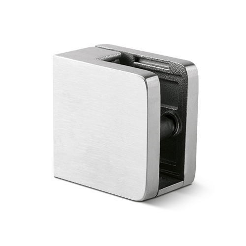 Glassclamp square 45x45mm connection Ø42.4mm glass 8-10.76mm incl. security pin and glass carrier, AISI 304 satined